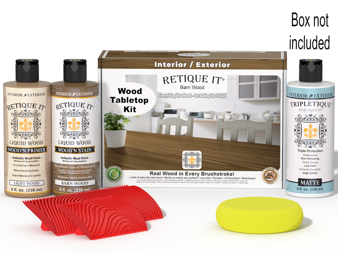 Retique It® Wood'n Finish Kit in Modern Walnut for tabletops, featuring stains and finishing supplies displayed with a wooden surface and box.