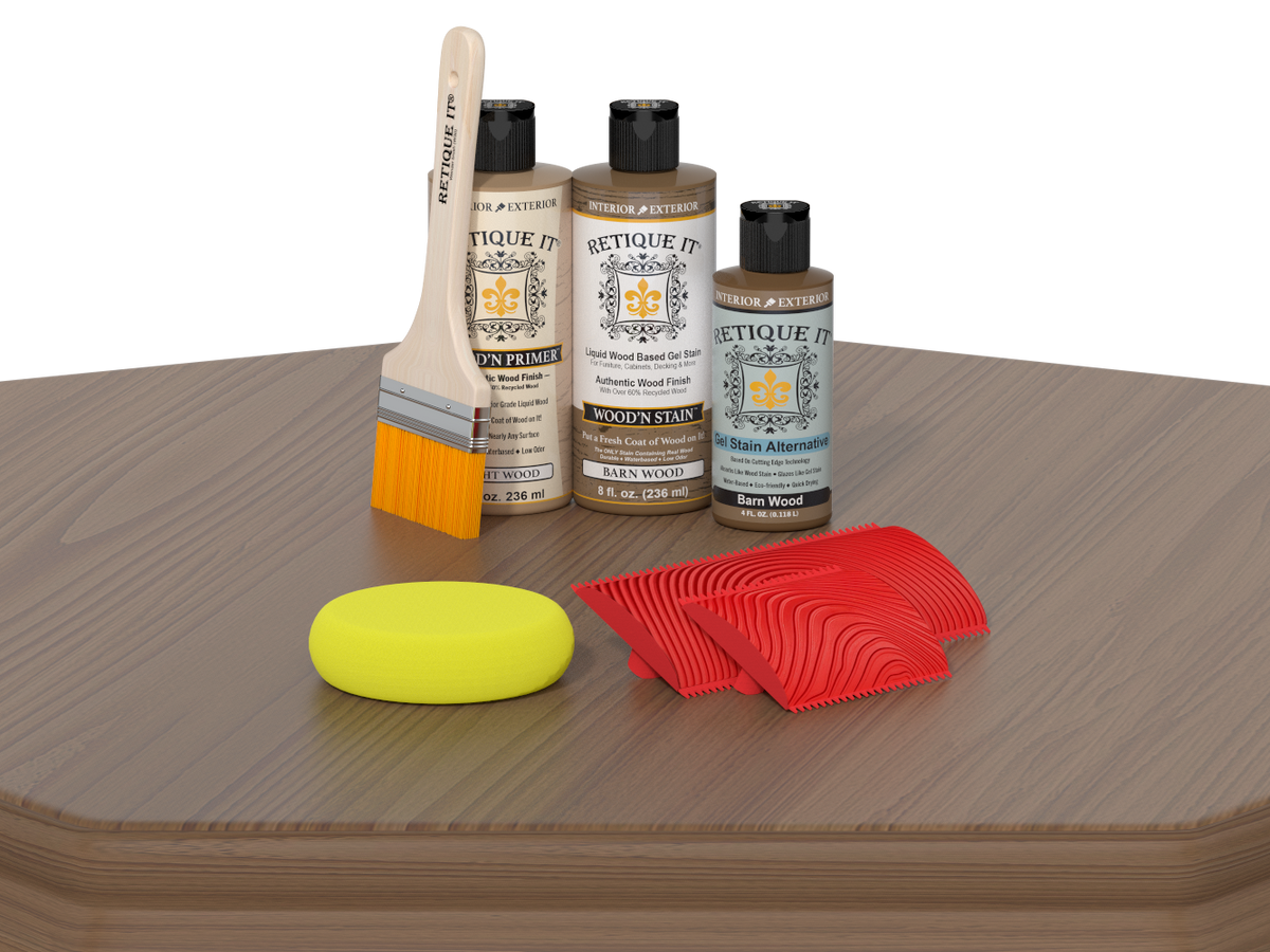 Wood care products including bottles, a brush, and cloths on a wooden surface.