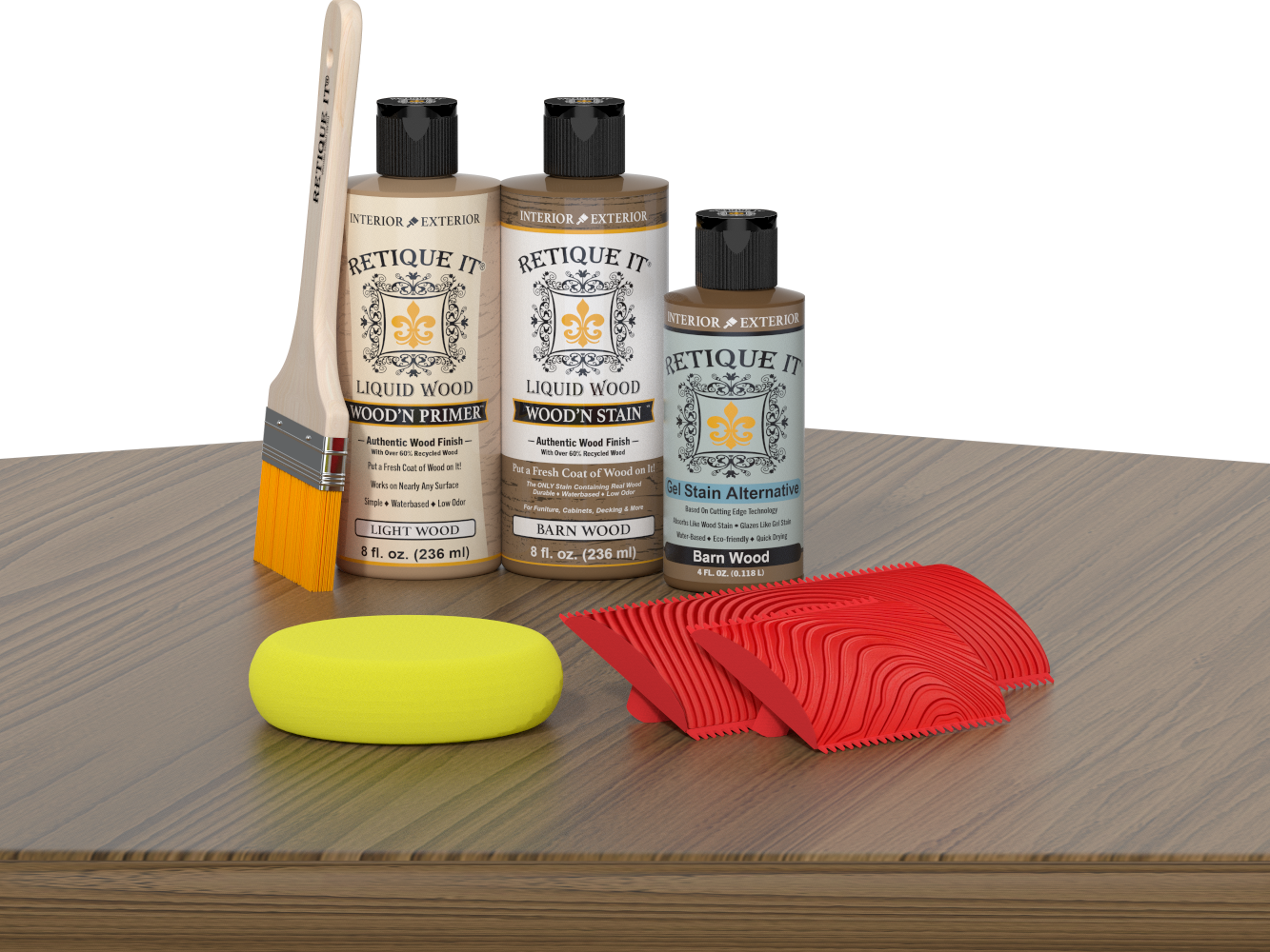 Retique It® Modern Walnut wood stain kit for fireplace mantels, showcasing rich walnut finish on wooden surface.