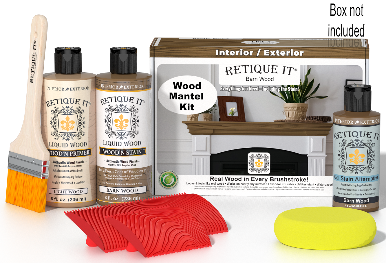 Retique It® Fireplace Mantel Wood'n Finish Kit in Barn Wood stain showing a finished wooden mantel with rustic barn wood appearance.