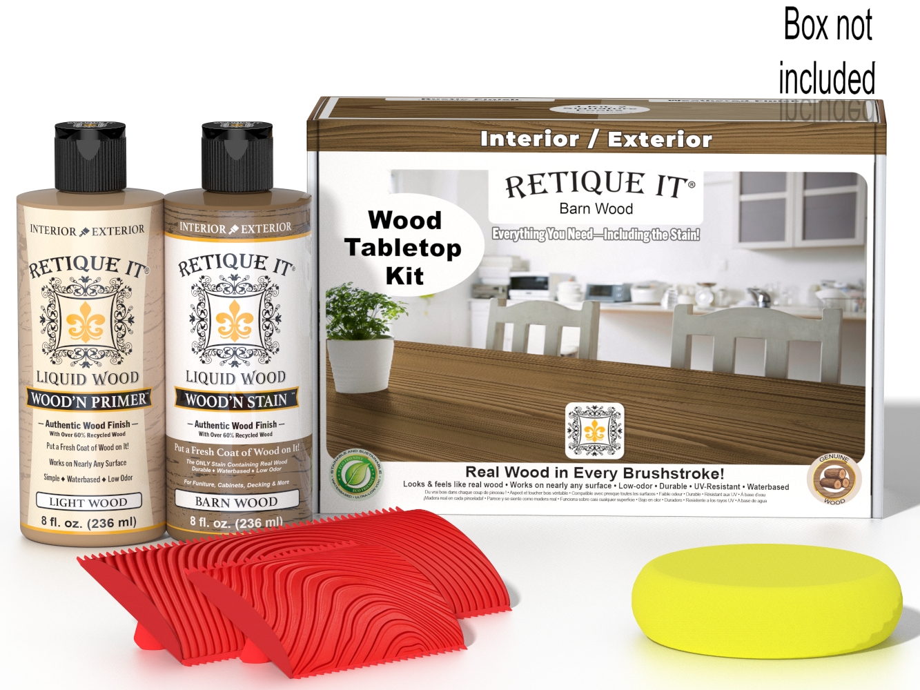 Retique It® Wood'n Finish Kit in Modern Walnut stain, showing a wooden tabletop with rich walnut finish and smooth surface.