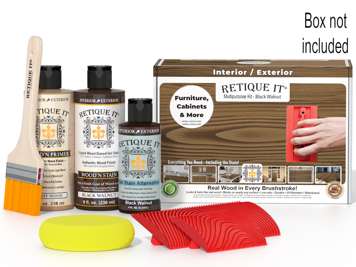 Retique It wood staining kit with bottles, brush, and packaging on a white background