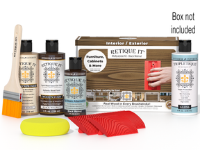 Retique It furniture care products including bottles, a brush, and a box on a white background.