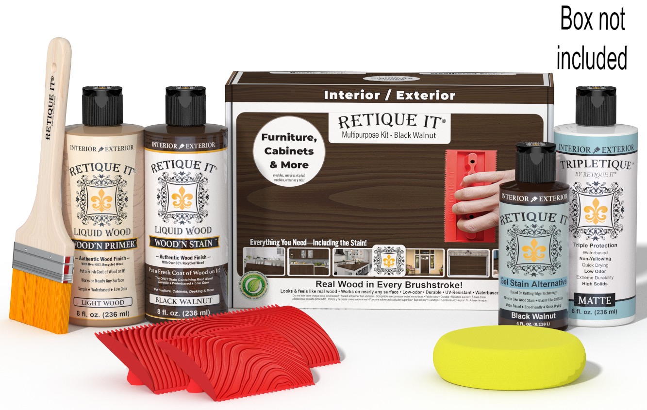 Retique It® Wood'n Kit in Black Walnut for interior top coat, showing the kit components and black walnut wood finish.
