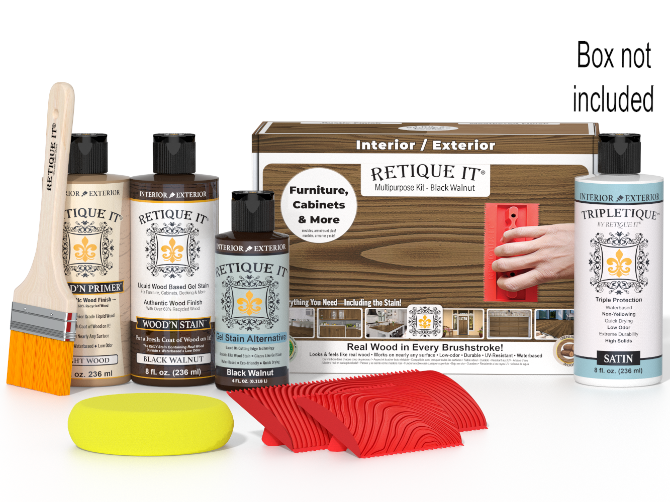 Retique It furniture and cabinet paint kit with bottles, a brush, and sponges on a white background.