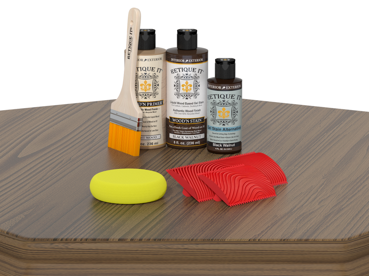 Wood care products including bottles, a brush, and cloths on a wooden surface.