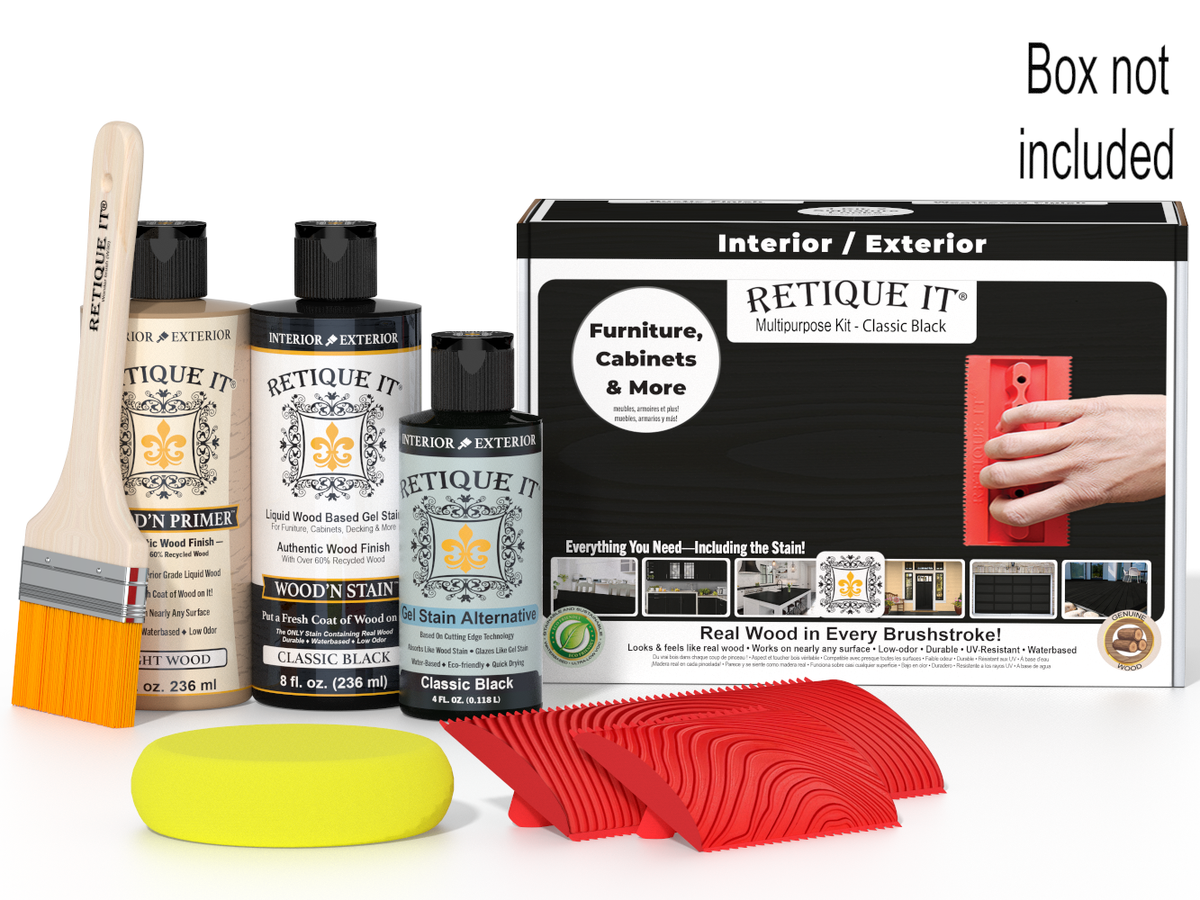 Retique It furniture care product set with bottles, a brush, and packaging on a white background.