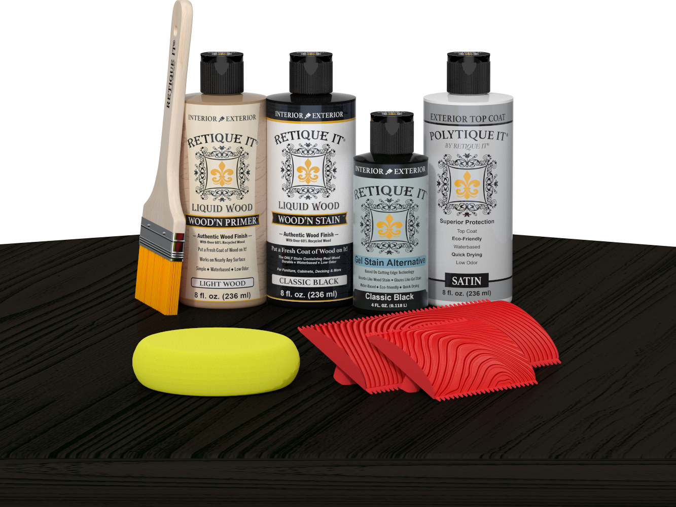 Retique It® Wood'n Finish Kit in Classic Black for exterior top coat, shown on table with wood surface.
