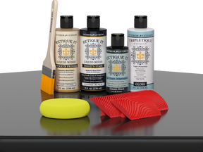 Retique It® Wood'n Finish Kit in Classic Black, interior top coat applied to wood surface, showing a sleek black finish on a table.