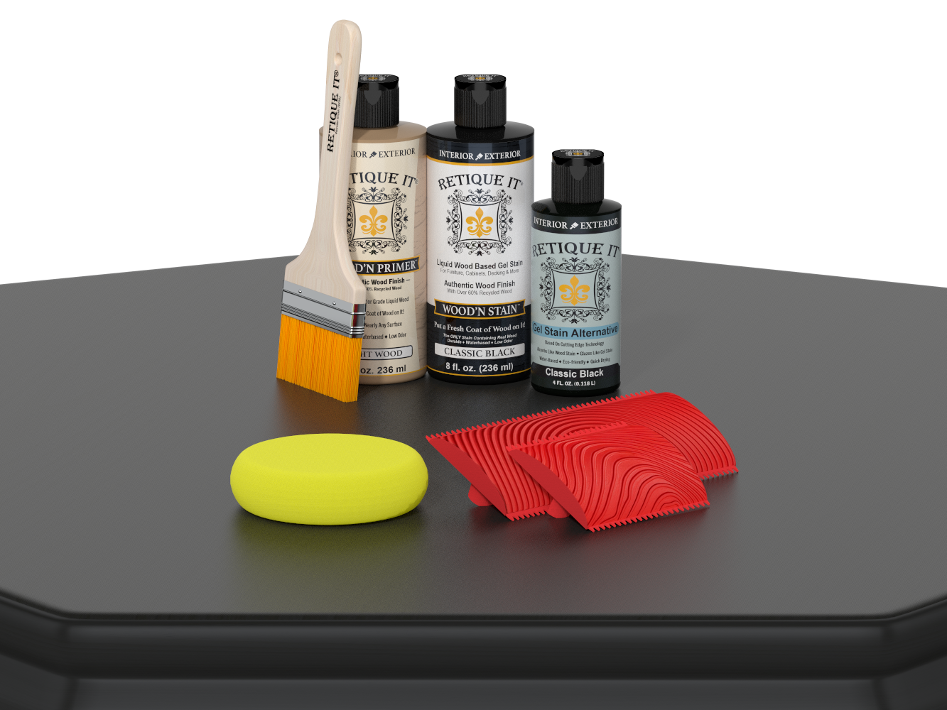Set of paint-related products including bottles, a brush, and a sponge on a black surface with a white background.