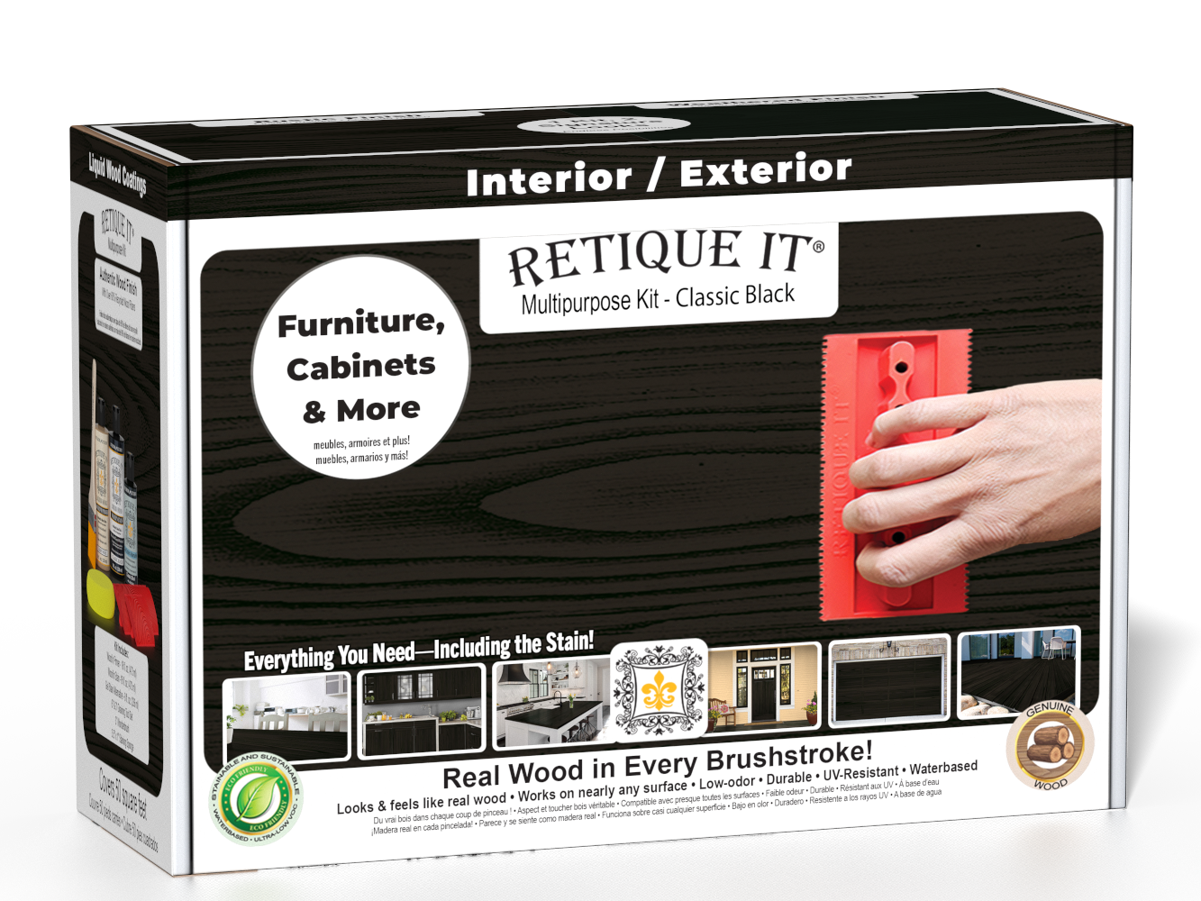 Retique It® Classic Black Multipurpose Kit retail box featuring a Classic Black wood finish, red graining tool demonstration, and furniture, cabinets & more project imagery.