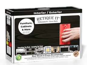 Retique It® Classic Black Multipurpose Kit retail box featuring a Classic Black wood finish, red graining tool demonstration, and furniture, cabinets & more project imagery.