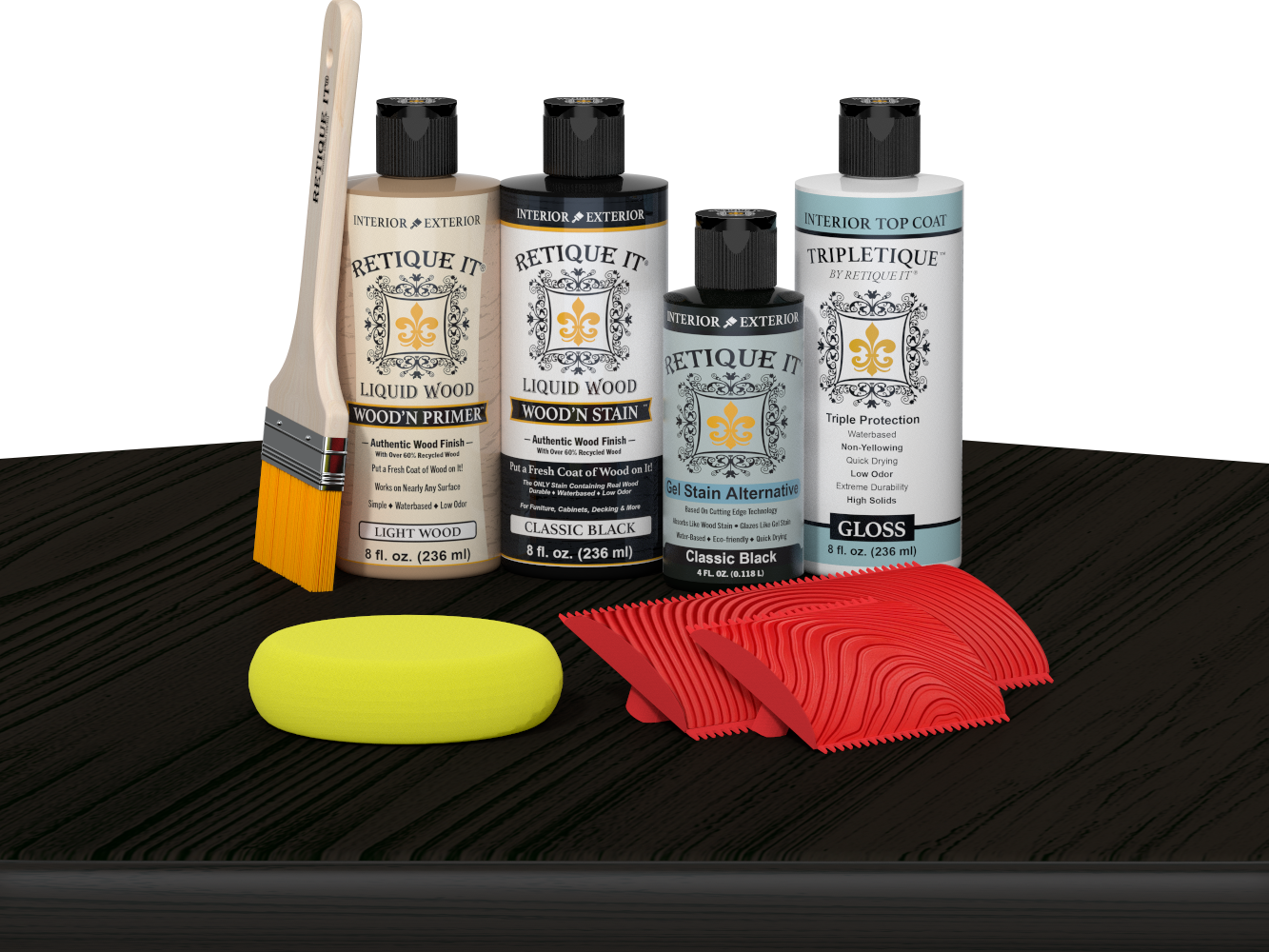 Retique It® Classic Black Wood'n Kit with Light Wood primer, Classic Black stain, Classic Black gel stain alternative, Gloss Tripletique® Top Coat, brush, red graining tool, and yellow sponge.