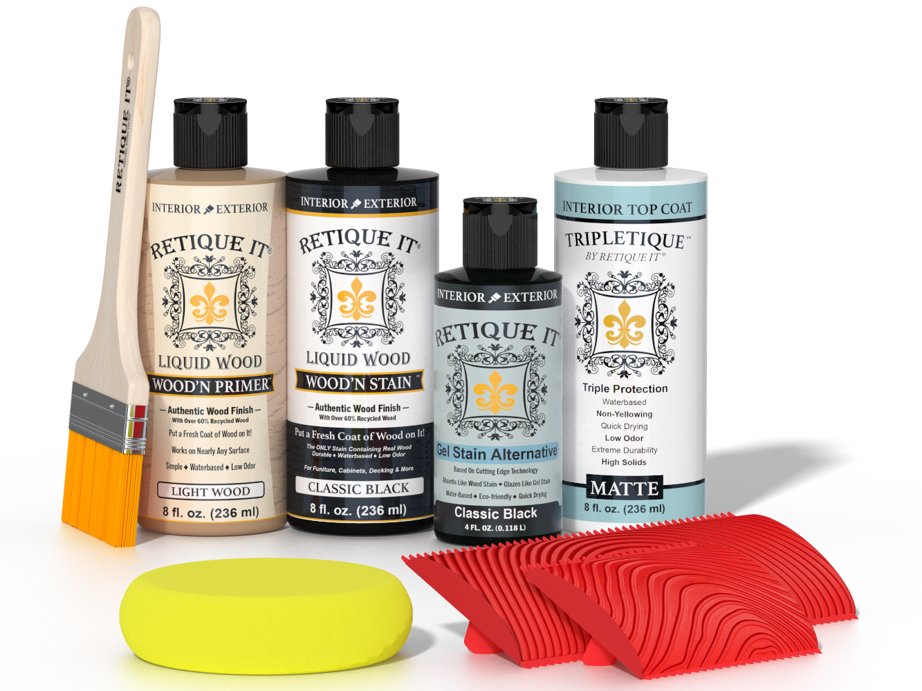 Retique It® Classic Black Wood'n Kit with Light Wood primer, Classic Black stain, Classic Black gel stain alternative, Matte Tripletique® Top Coat, brush, red graining tool, and yellow sponge.