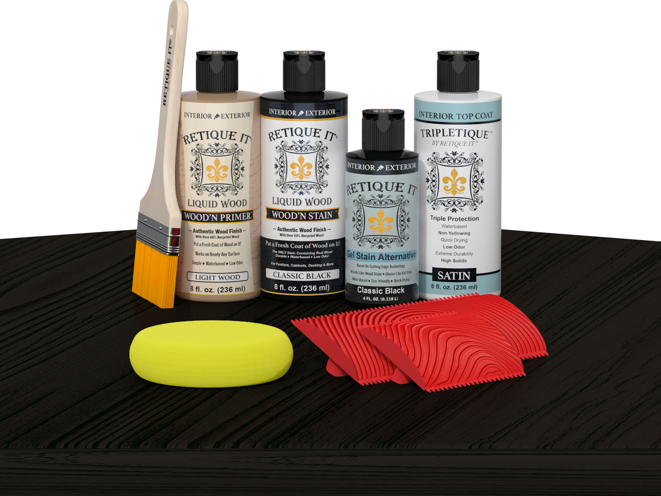 Retique It® Classic Black Wood'n Kit with Light Wood primer, Classic Black stain, Classic Black gel stain alternative, Satin Tripletique® Top Coat, brush, red graining tool, and yellow sponge.