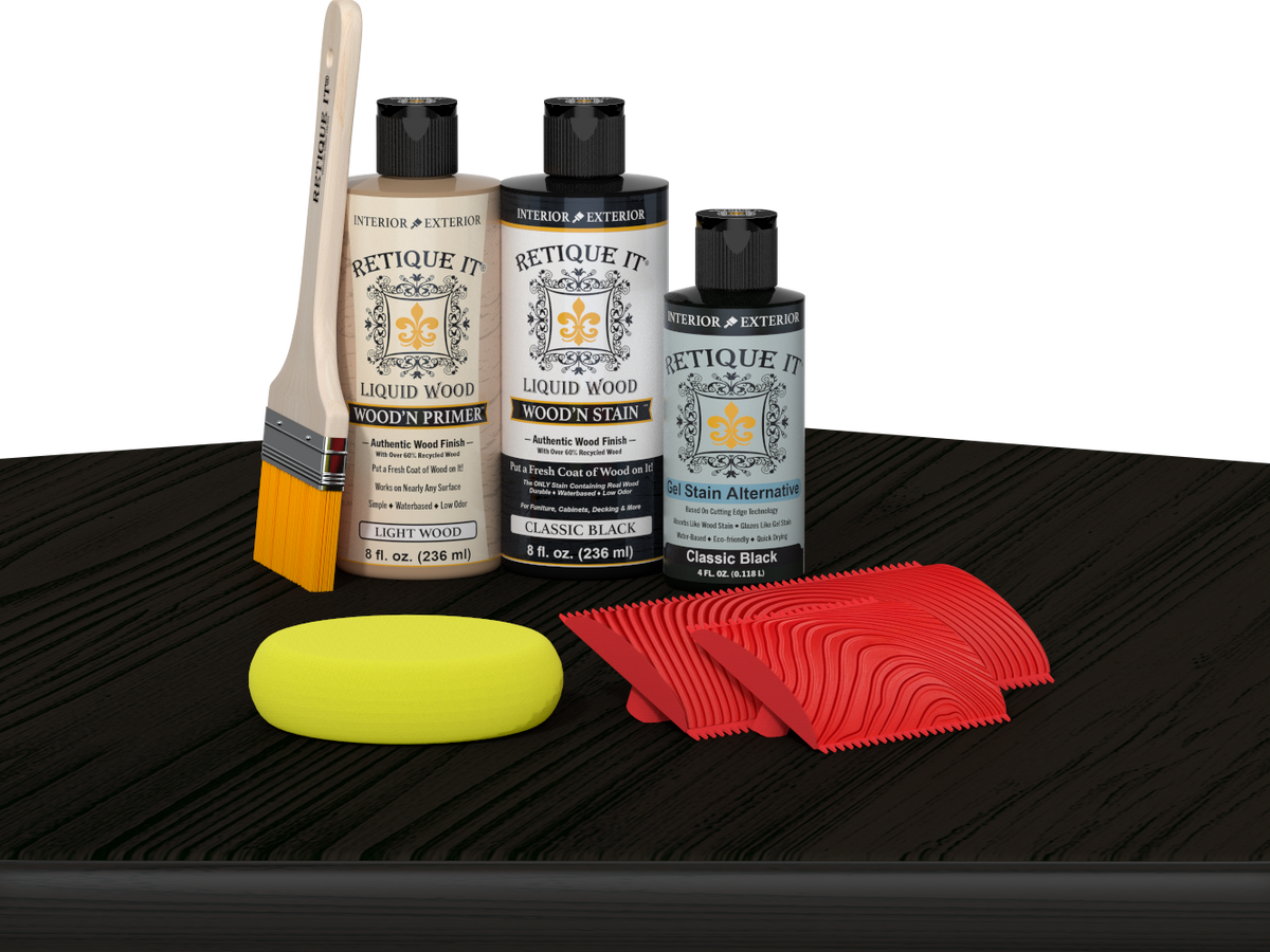 Retique It® Wood'n Kit Classic Black finish, multi-purpose wood finishing kit displayed on a table.