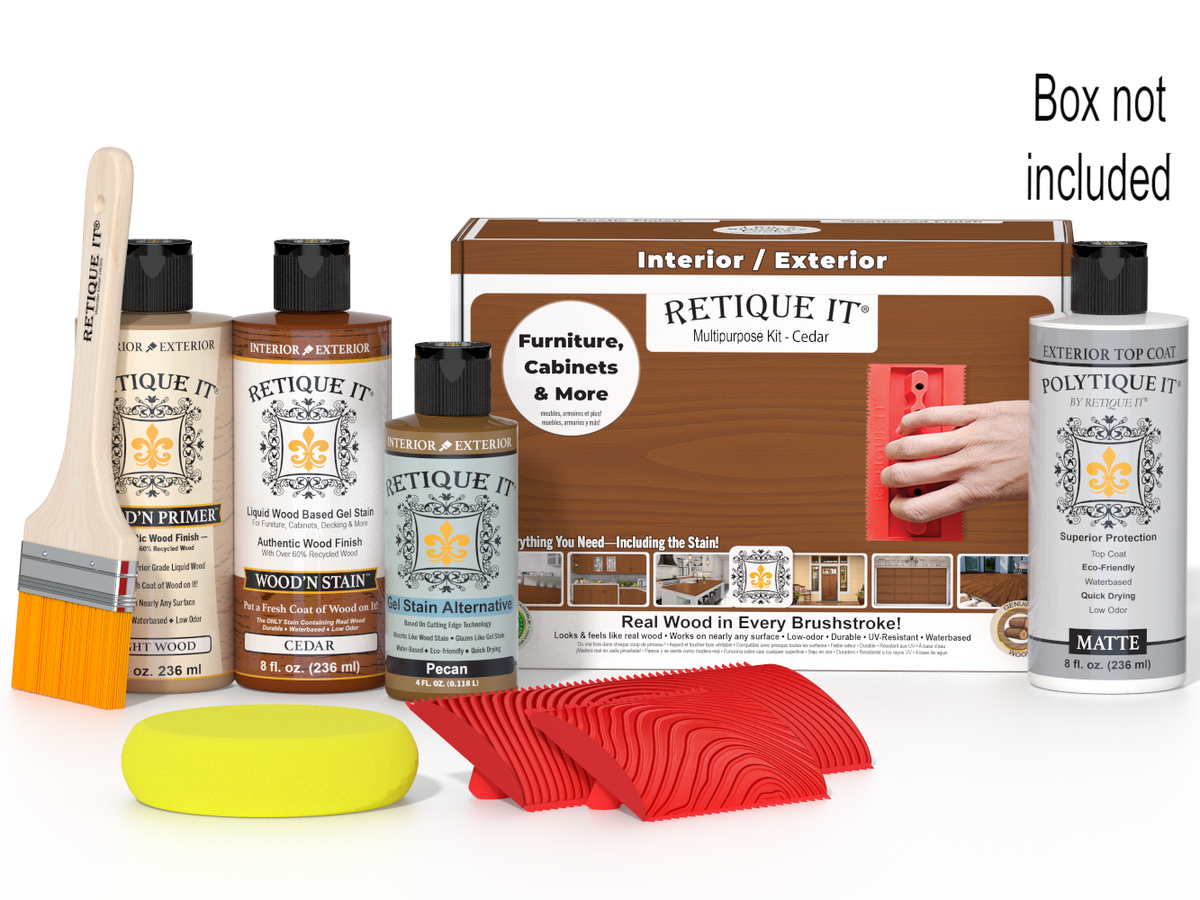 Retique It wood finish product set with bottles, a brush, and packaging on a white background.