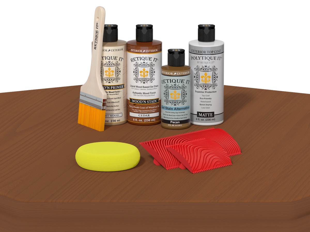 Set of wood care products including bottles, a brush, a sponge, and cloths on a brown surface.