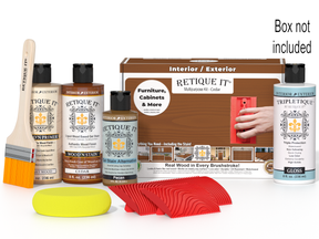 Retique It® Wood'n Kit Cedar interior top coat with wood finish, shown in box with wood sample and application tools.