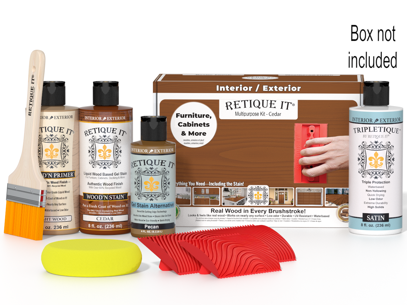 Retique It® Wood'n Kit Cedar interior top coat with wood finish products in a box, designed for multi-purpose woodworking projects.