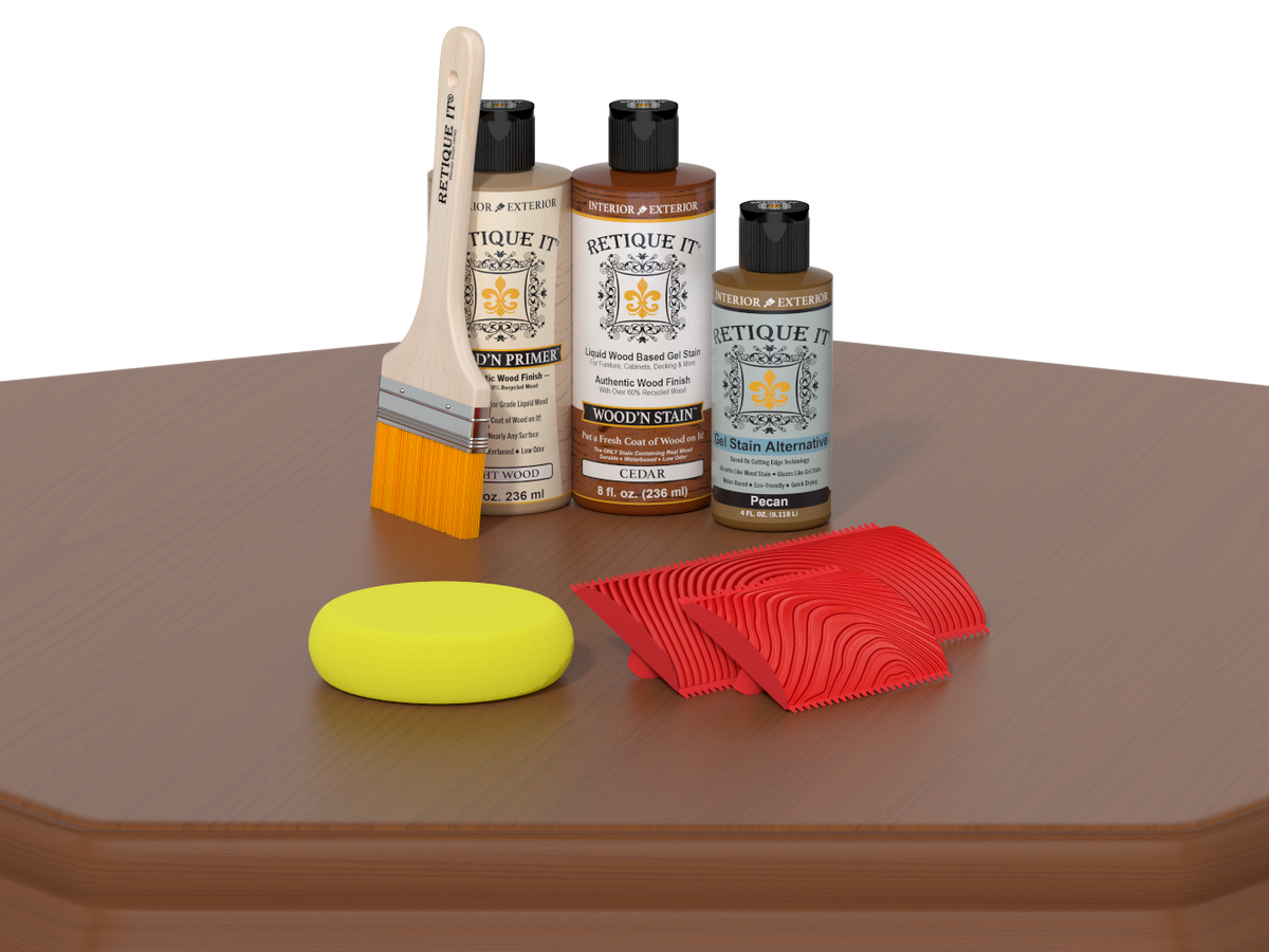 Set of wood care products including bottles, a brush, and a yellow block on a brown surface.