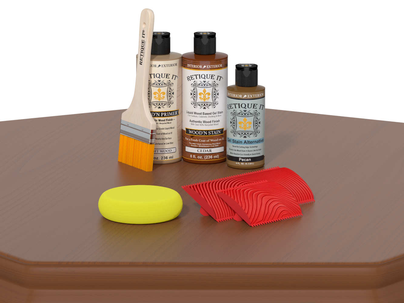 Set of wood care products including bottles, a brush, and a yellow block on a brown surface.