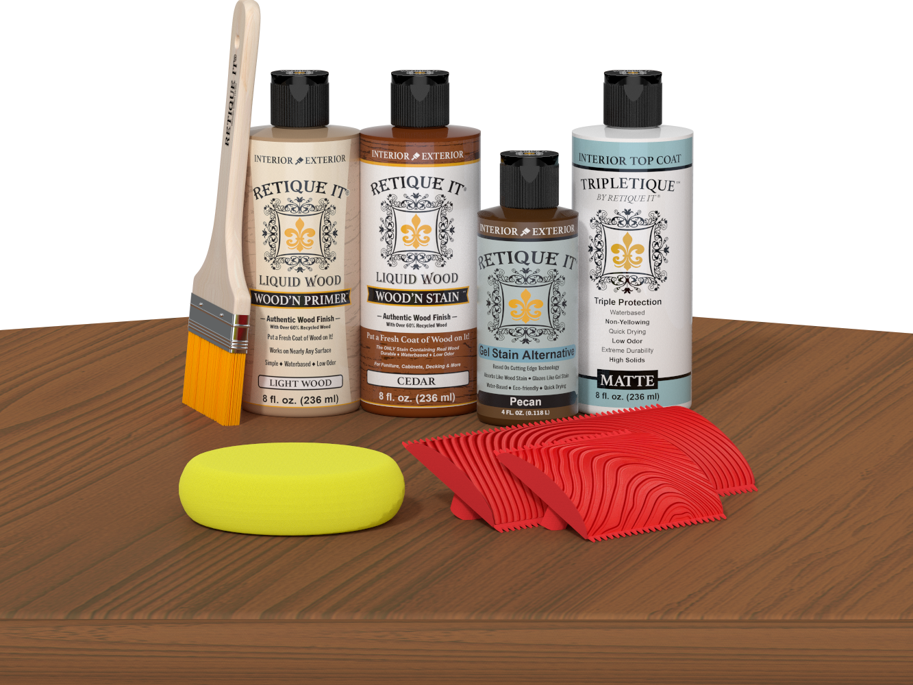Retique It® Cedar Wood'n Kit with Matte TripleTique® includes a brush, Light Wood primer, Cedar stain, Pecan Gel Stain Alternative, Matte TripleTique® top coat, a yellow sponge, and a red graining tool.