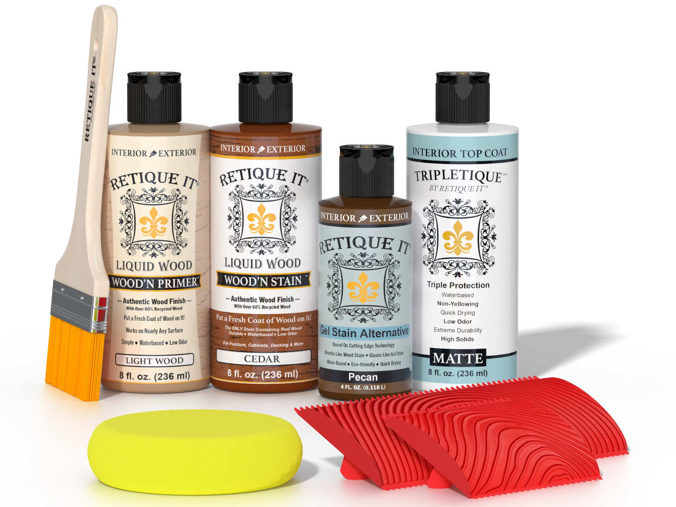 Retique It® Cedar Wood'n Kit with Light Wood primer, Cedar stain, Pecan gel stain alternative, Matte Tripletique® Top Coat, brush, red graining tool, and yellow sponge.