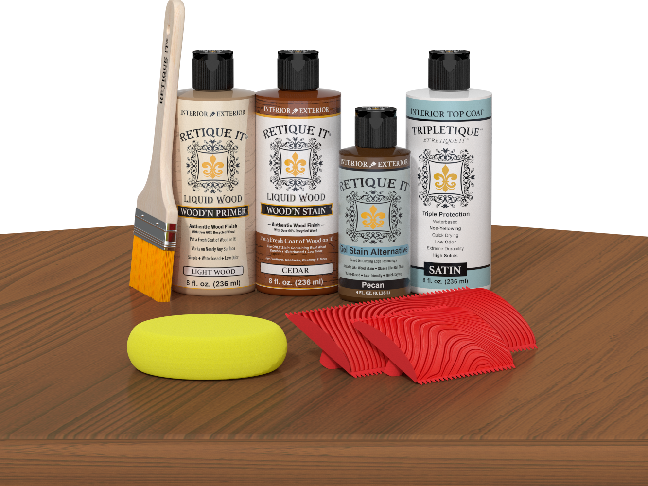 Retique It® Cedar Wood'n Kit with Light Wood primer, Cedar stain, Pecan gel stain alternative, Satin Tripletique® Top Coat, brush, red graining tool, and yellow sponge.