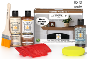 Retique It® Cedar wood finish kit for fireplace mantels, featuring stains and application tools in the image.