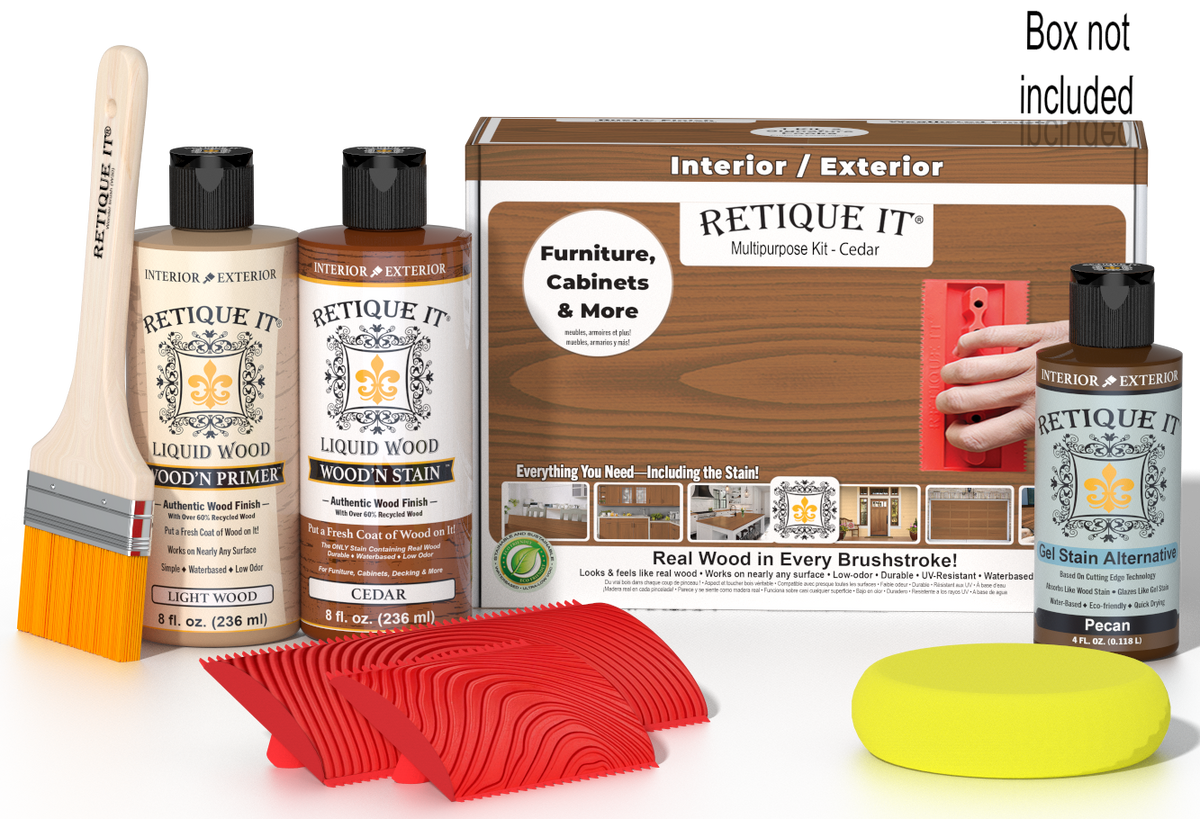 Retique It® Wood'n Finish Kit in cedar color with wooden box, multi-purpose wood finishing set for furniture and projects.