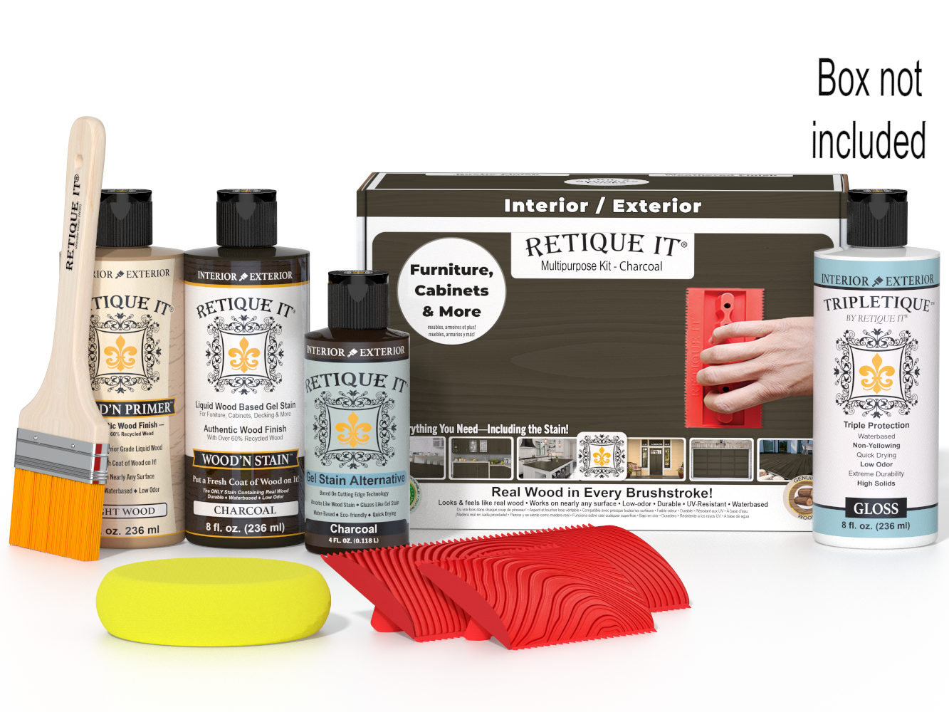 Retique It furniture care products including bottles, a brush, and a box on a white background.