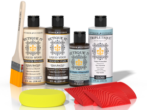 Retique It® Wood'n Kit in charcoal, a multi-purpose interior top coat for wood finishing, shown in a close-up of the kit components.