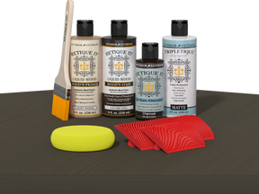 Retique It® Wood'n Finish Kit in charcoal, interior top coat for wood furniture, showcasing the kit and application tools.
