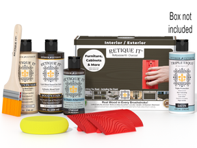 Retique It furniture care product set with bottles, a brush, and packaging on a white background.