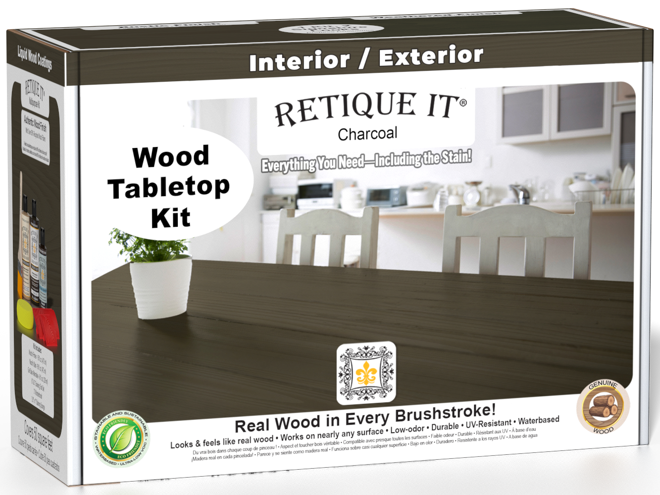 Retique It® Charcoal Wood Tabletop Kit retail box featuring a Charcoal wood tabletop finish and kitchen scene.