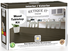 Retique It® Charcoal Wood Tabletop Kit retail box featuring a Charcoal wood tabletop finish and kitchen scene.