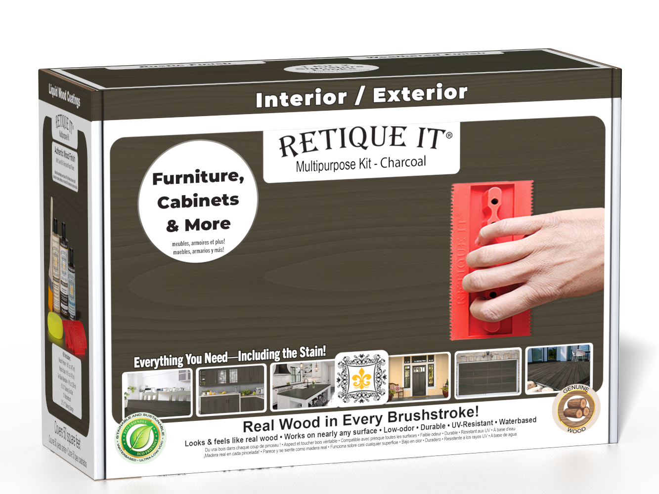 Retique It® Charcoal Multipurpose Kit retail box featuring a Charcoal wood finish, red graining tool demonstration, and furniture, cabinets & more project imagery.