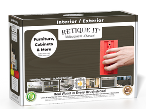 Retique It® Charcoal Multipurpose Kit retail box featuring a Charcoal wood finish, red graining tool demonstration, and furniture, cabinets & more project imagery.