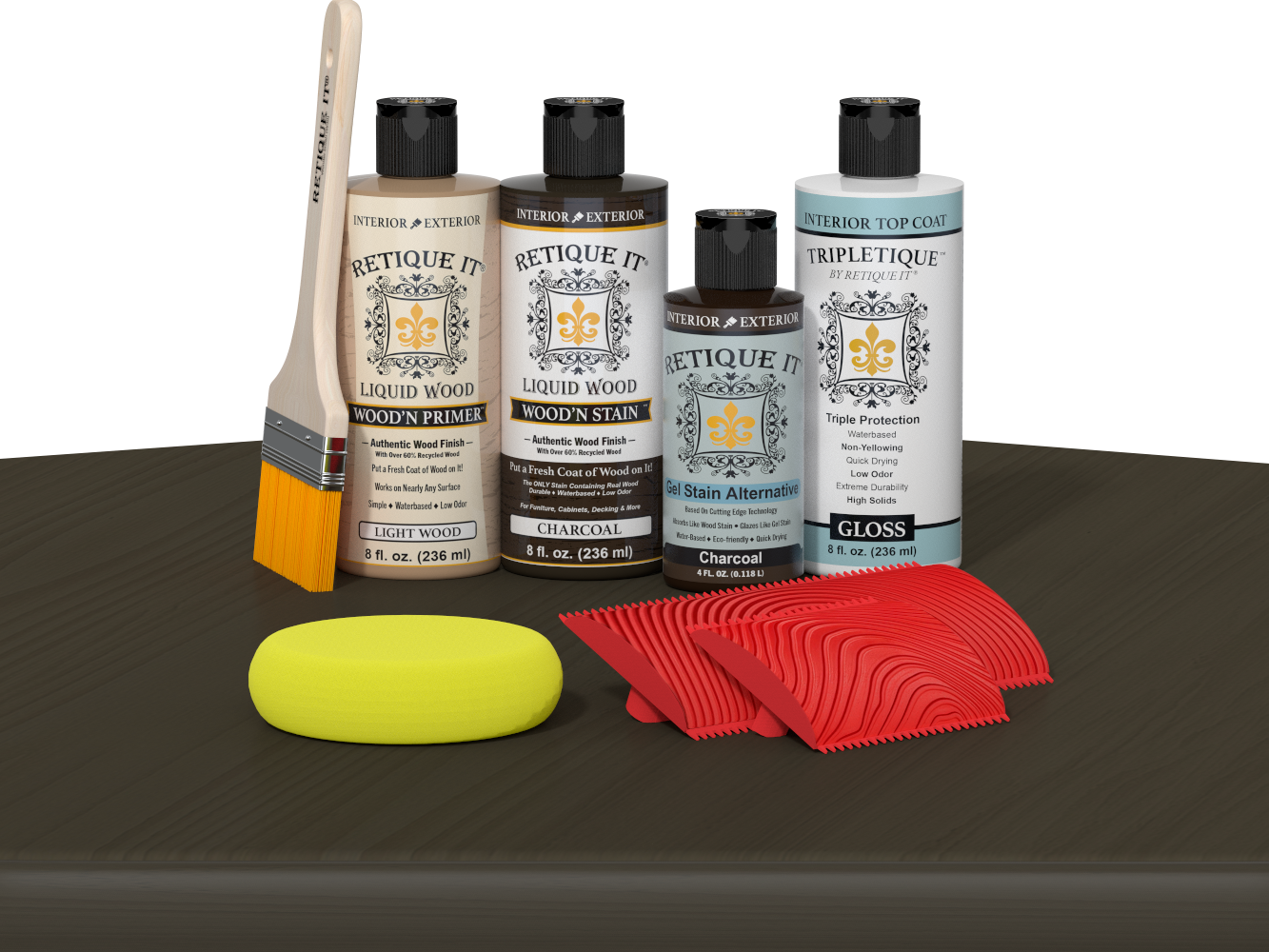 Retique It® Charcoal Wood'n Kit with Light Wood primer, Charcoal stain, Charcoal gel stain alternative, Gloss Tripletique® Top Coat, brush, red graining tool, and yellow sponge.