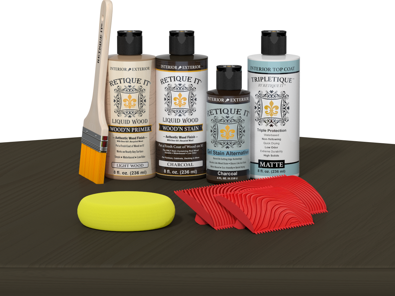Retique It® Charcoal Wood'n Kit with Light Wood primer, Charcoal stain, Charcoal gel stain alternative, Matte Tripletique® Top Coat, brush, red graining tool, and yellow sponge.