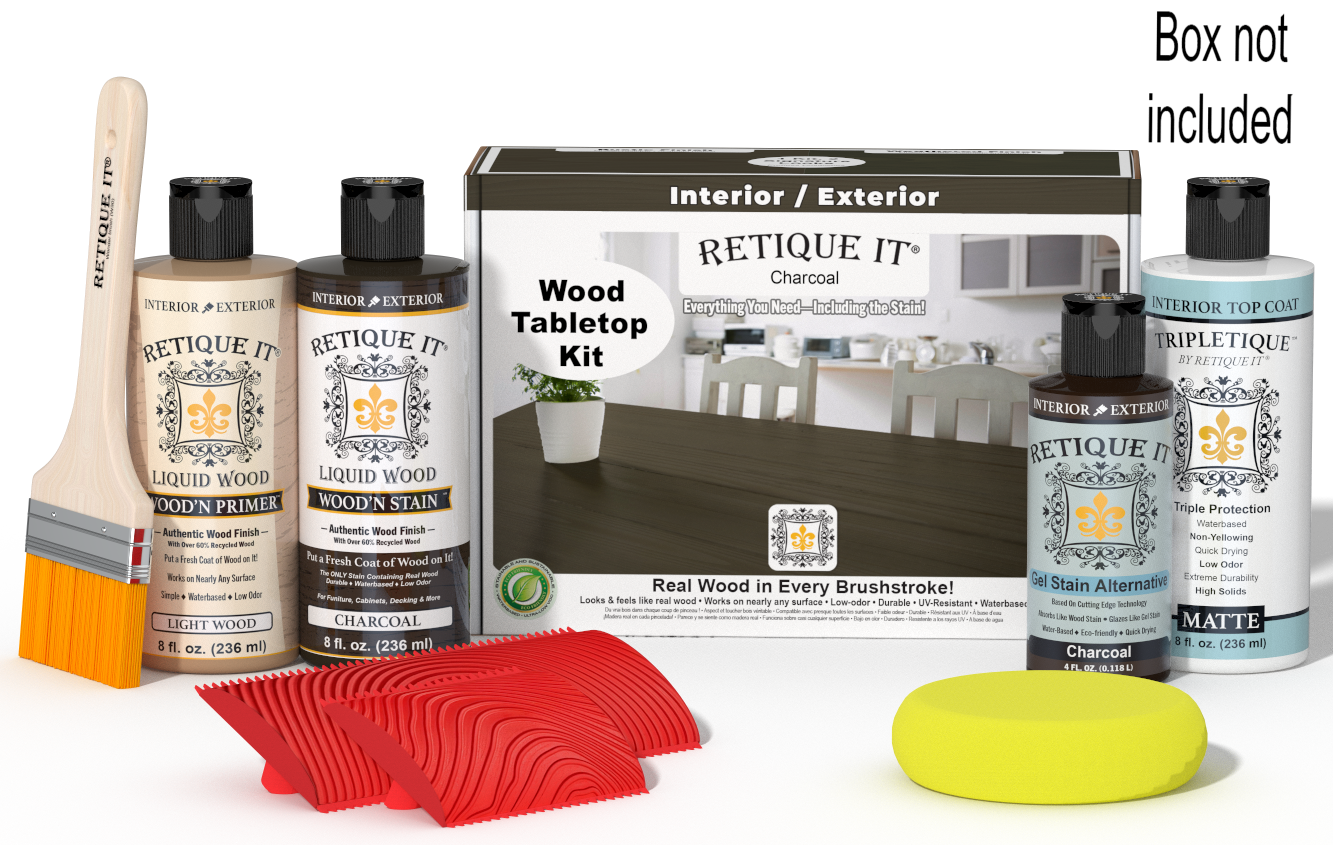 Retique It® Charcoal Wood Tabletop Kit with Light Wood primer, Charcoal stain, Charcoal gel stain alternative, Matte Tripletique® Top Coat, brush, red graining tool, yellow sponge, and product box.