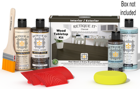 Retique It® Charcoal Wood Tabletop Kit with Light Wood primer, Charcoal stain, Charcoal gel stain alternative, Matte Tripletique® Top Coat, brush, red graining tool, yellow sponge, and product box.