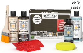 Retique It® Charcoal Multipurpose Kit with Light Wood primer, Charcoal stain, Charcoal gel stain alternative, Matte Tripletique® Top Coat, brush, red graining tool, yellow sponge, and product box.