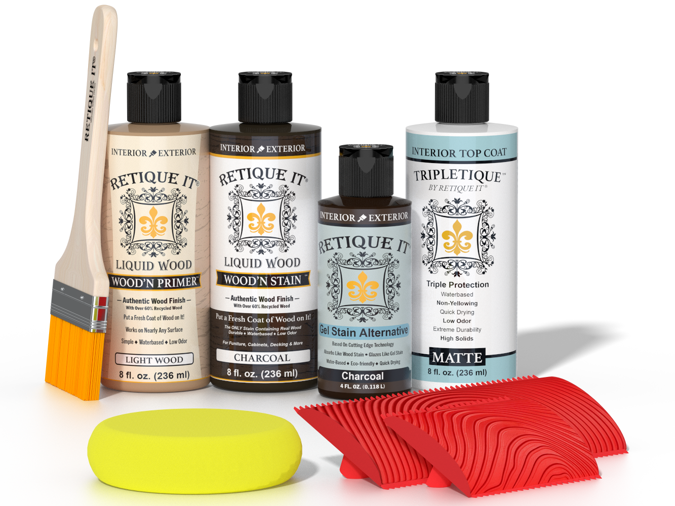 Retique It® Charcoal Wood'n Kit with Light Wood primer, Charcoal stain, Charcoal gel stain alternative, Matte Tripletique® Top Coat, brush, red graining tool, and yellow sponge.