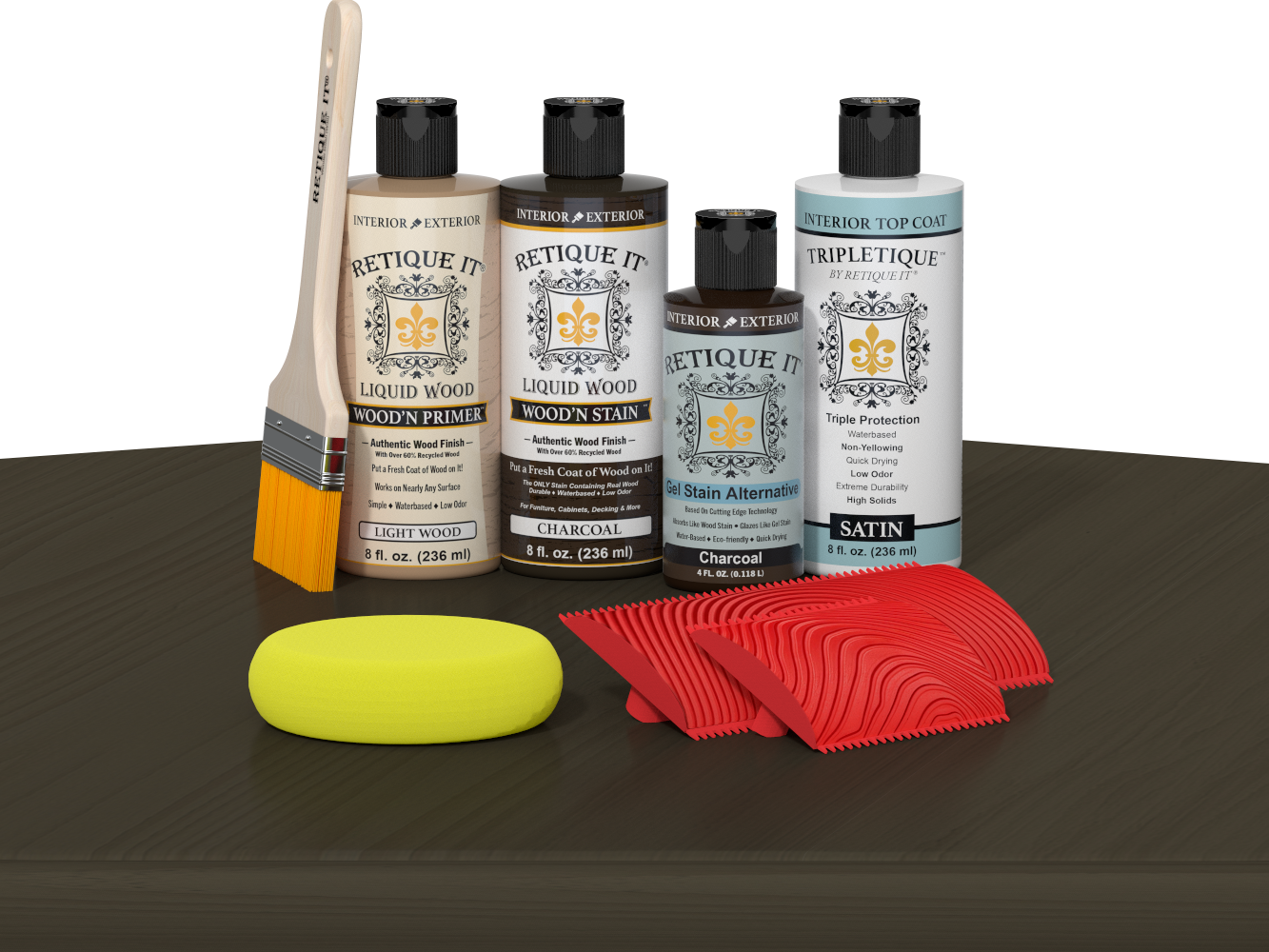Retique It® Charcoal Wood'n Kit with Light Wood primer, Charcoal stain, Charcoal gel stain alternative, Satin Tripletique® Top Coat, brush, red graining tool, and yellow sponge.