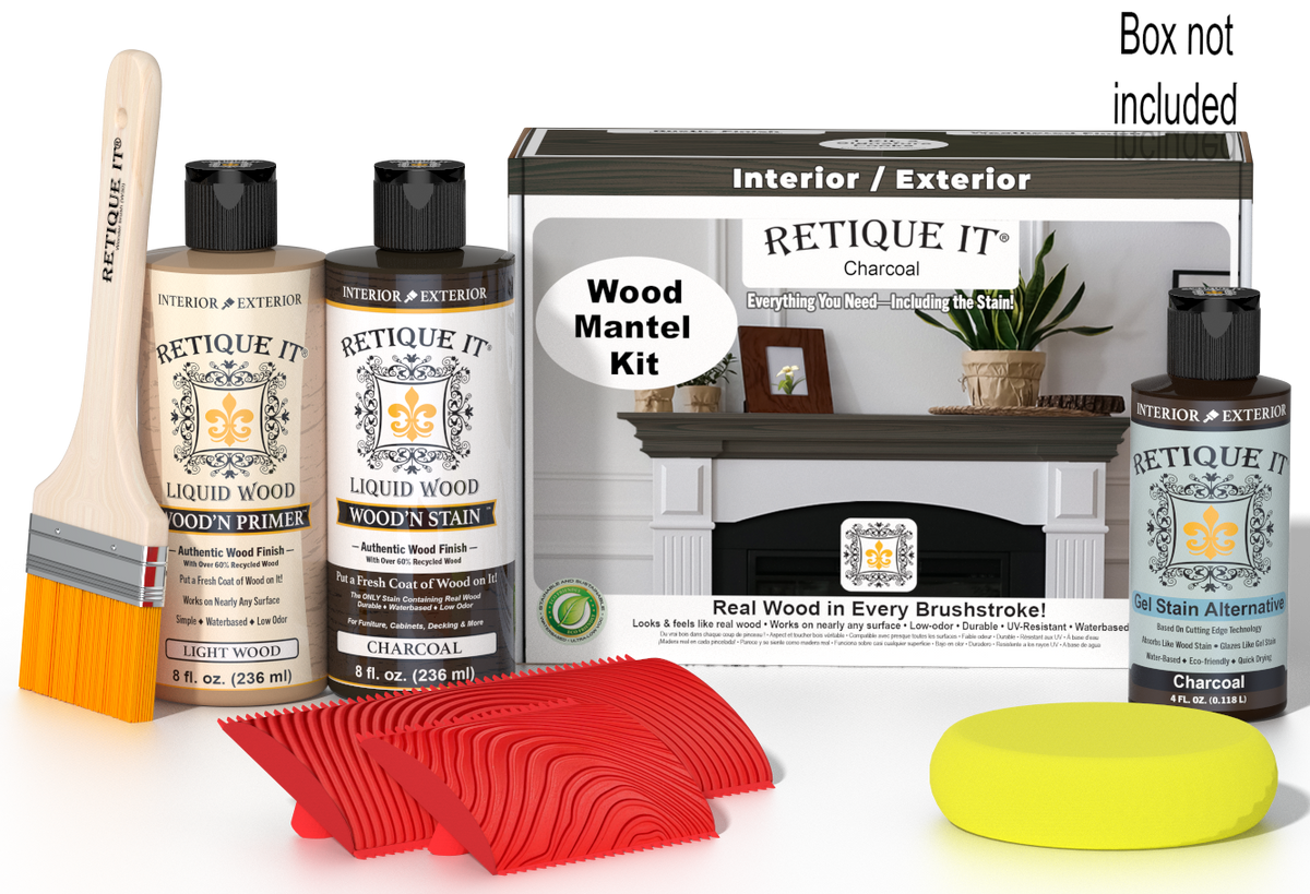 Retique It® Wood'n Finish Kit in Charcoal stain for fireplace mantels, includes stain and application tools, shown in box.