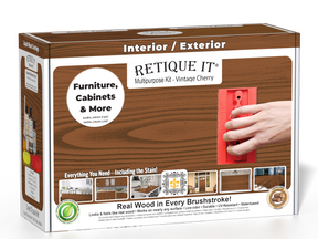 Retique It® Wood'n Finish Kit in Vintage Cherry showing a wooden box with the kit's finish and tools for woodworking projects.