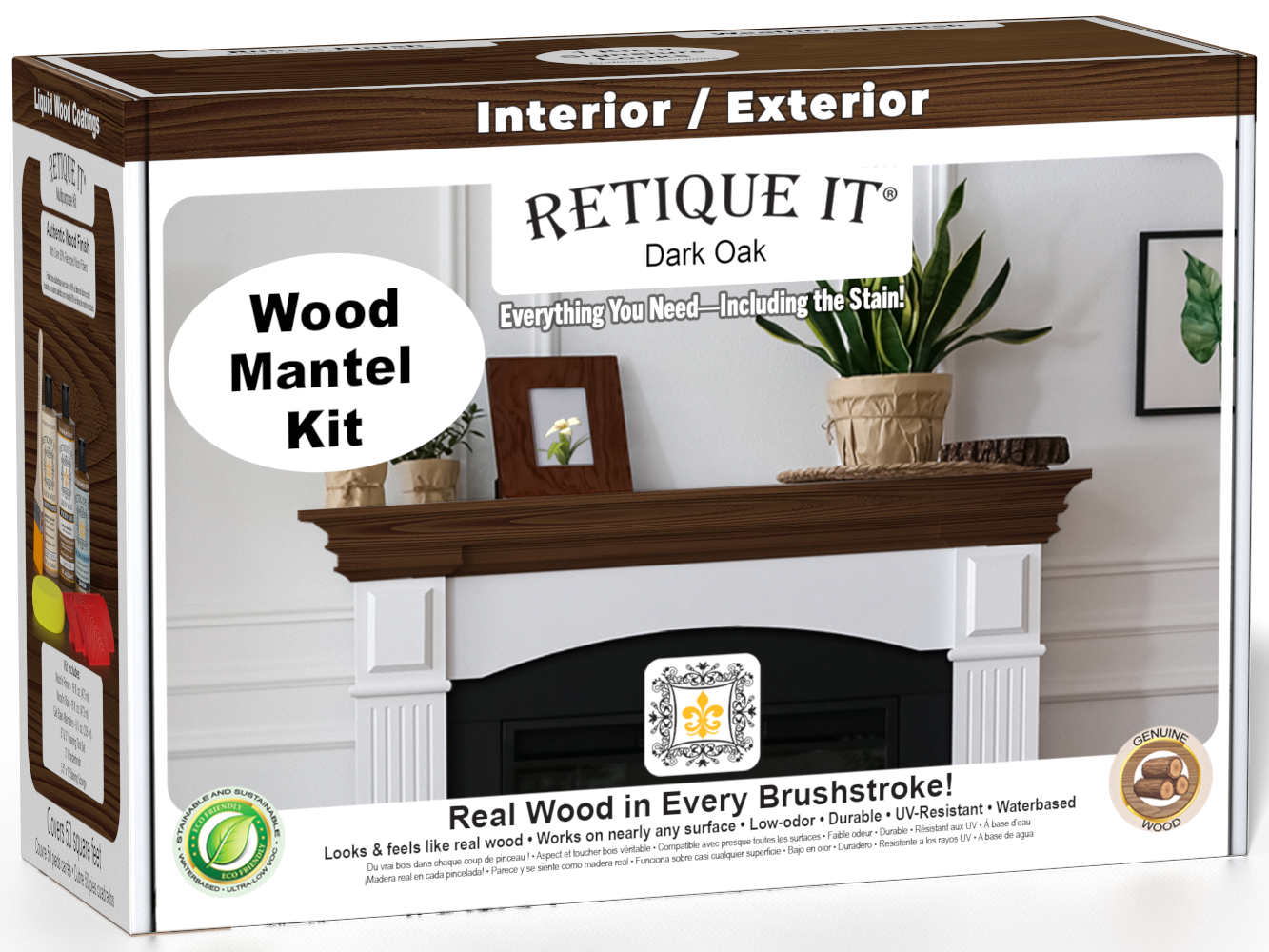 Retique It® Fireplace Mantel Wood'n Finish Kit in dark oak stain, featuring wood stain and finishing supplies for fireplace mantels.