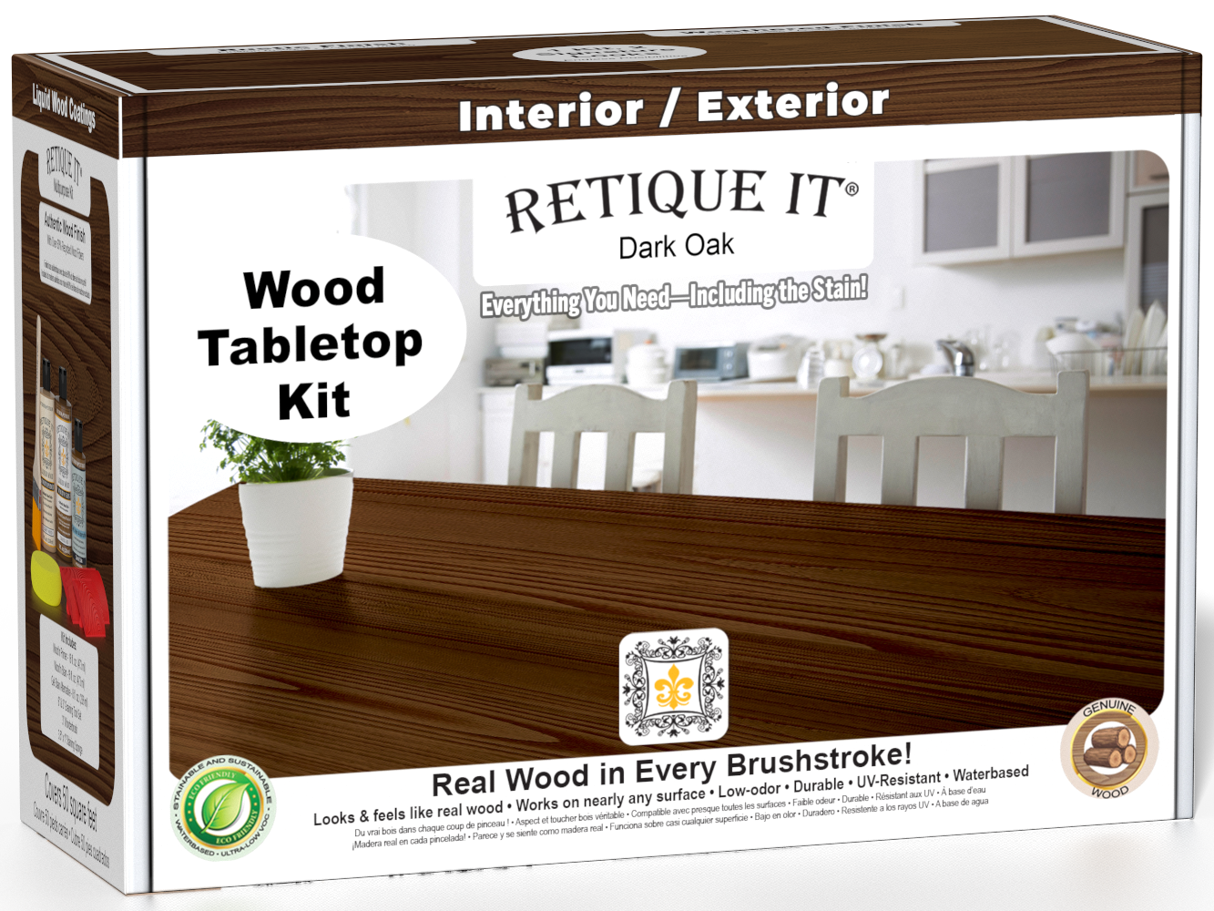 Retique It® Wood'n Finish Kit in Dark Oak stain, featuring a wooden box with staining supplies for furniture finishing.